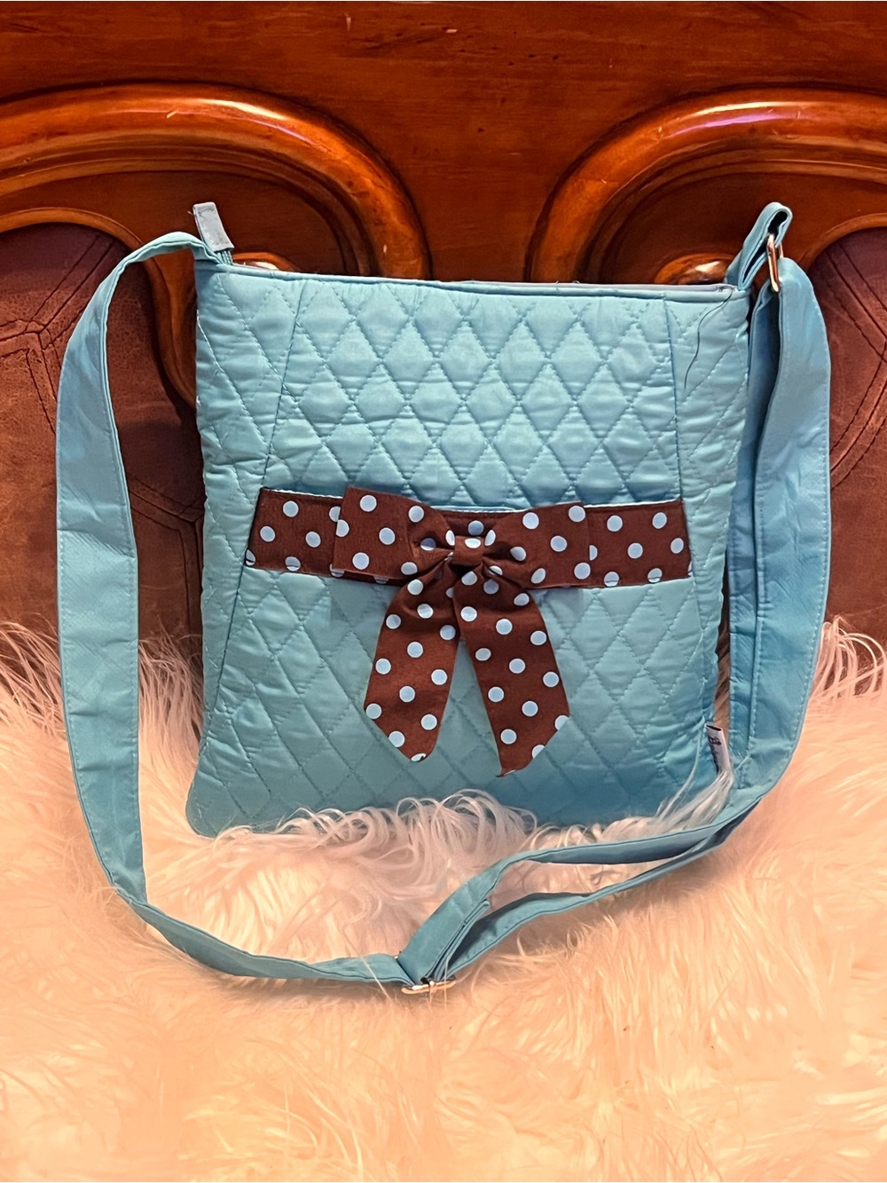 Belvah Light Blue Quilted with Brown Polka Dot Bow crossbody bag